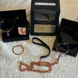 Honey Birdette Equestrian Rose Gold Black Collar, Leash & Cuffs Set